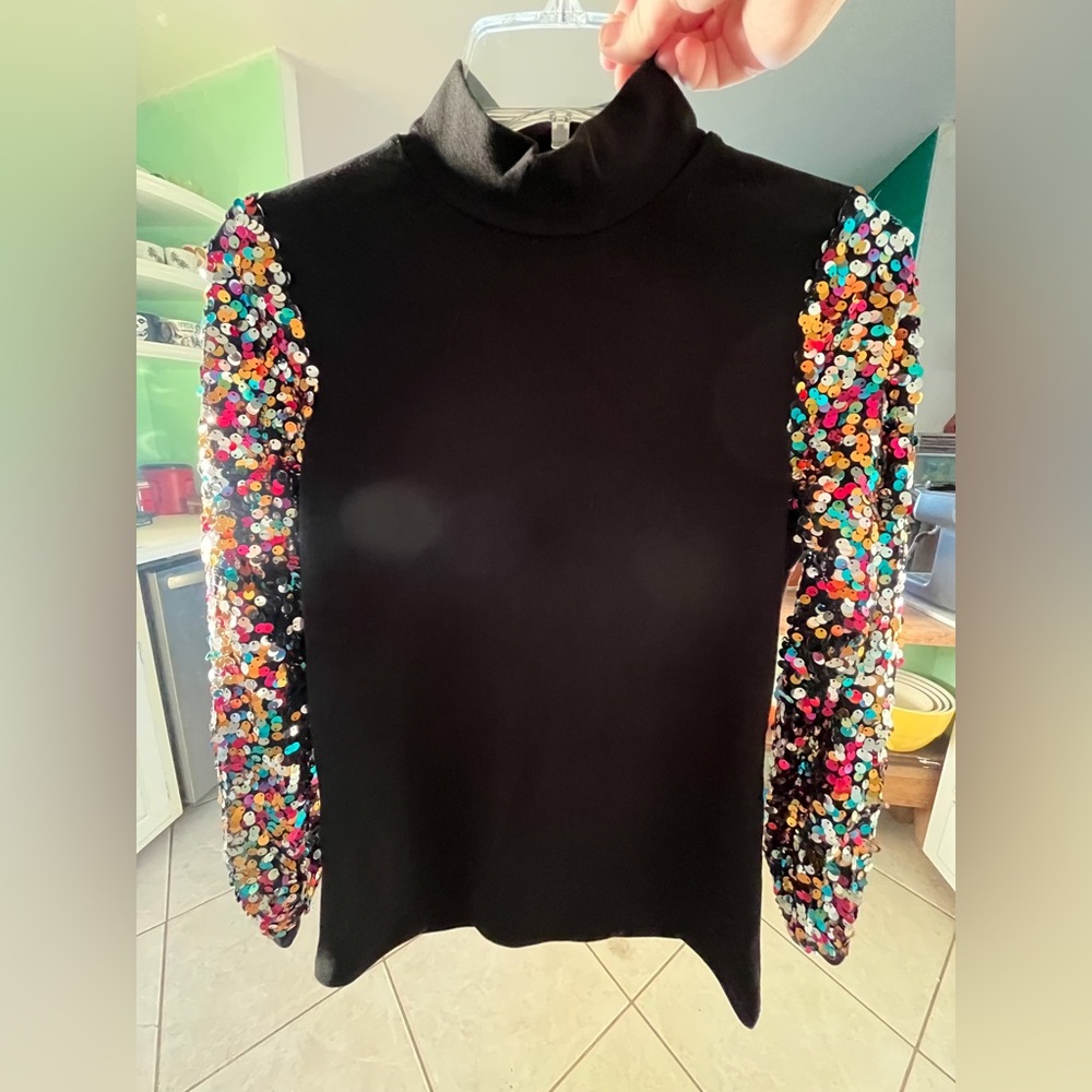 Sequin Sleeve Black Mock Neck Top